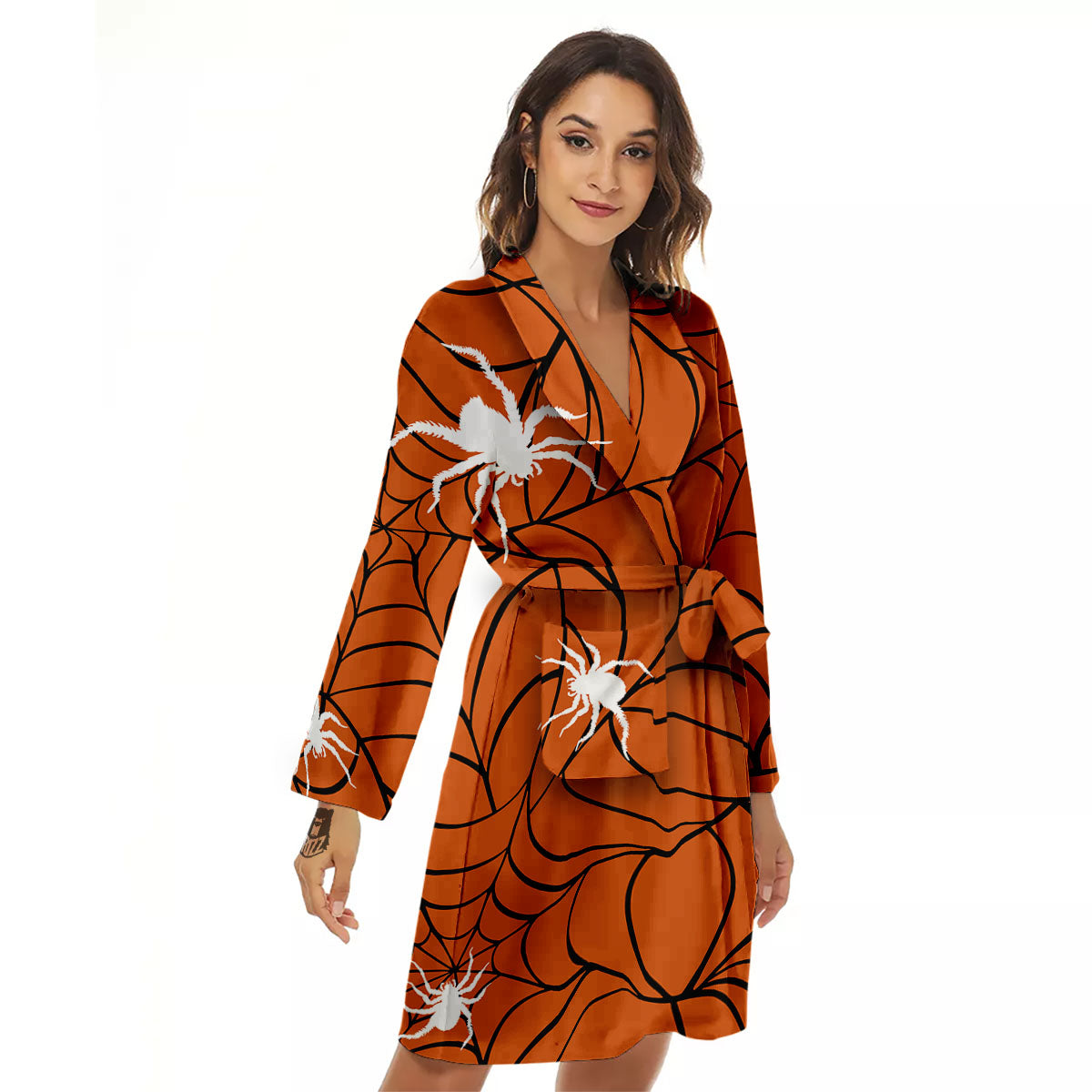 Spider Web Orange And Black Print Women's Robe-grizzshop