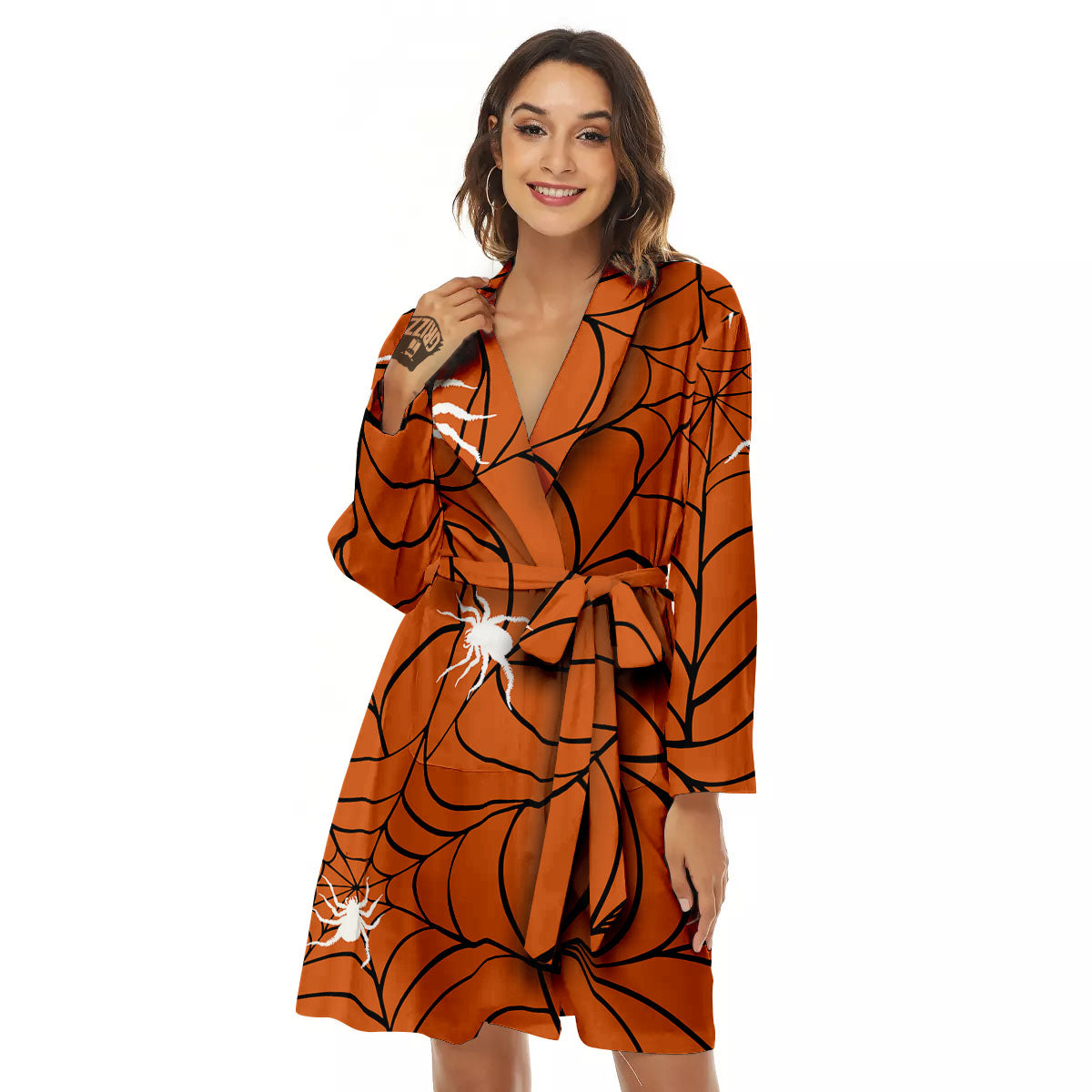 Spider Web Orange And Black Print Women's Robe-grizzshop