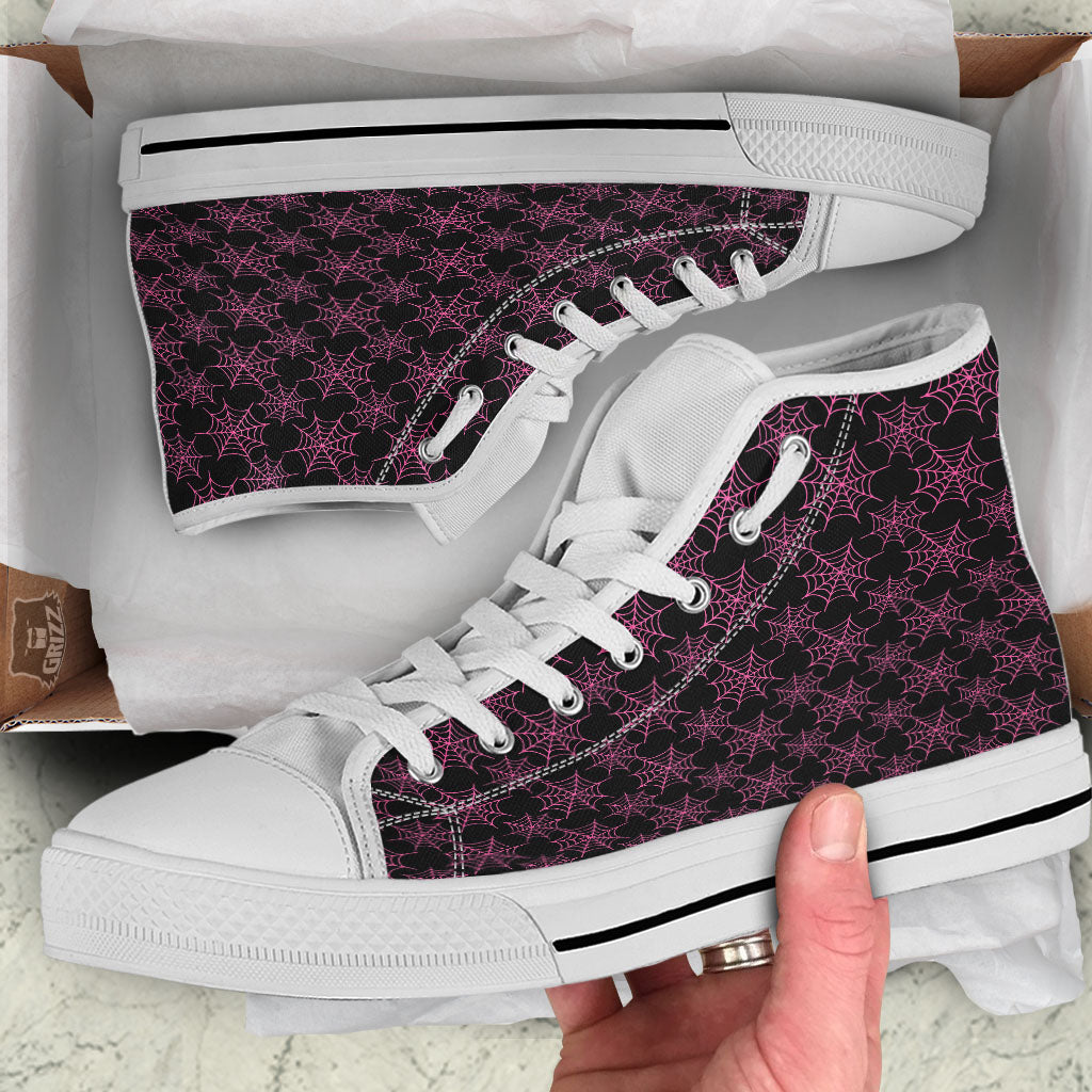 Spider Web Pink And Black Print Pattern White High Top Shoes-grizzshop