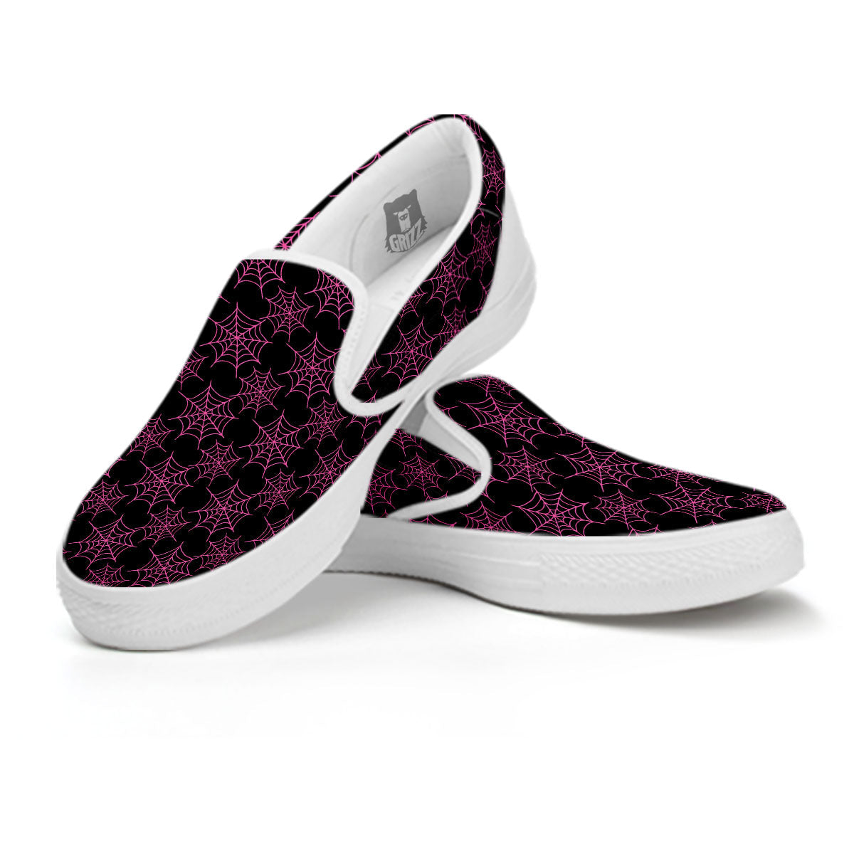 Spider Web Pink And Black Print Pattern White Slip On Shoes-grizzshop