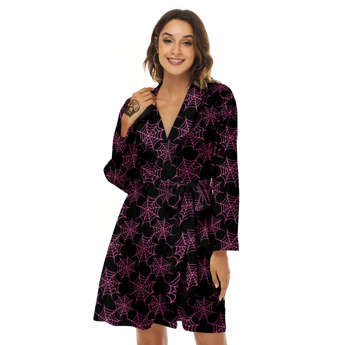 Spider Web Pink And Black Print Pattern Women's Robe-grizzshop