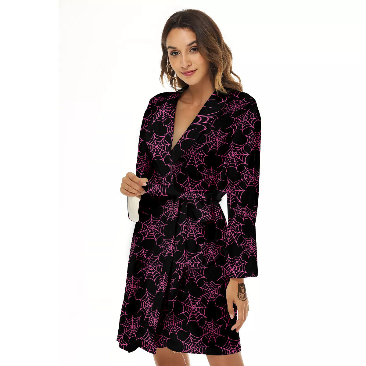 Spider Web Pink And Black Print Pattern Women's Robe-grizzshop