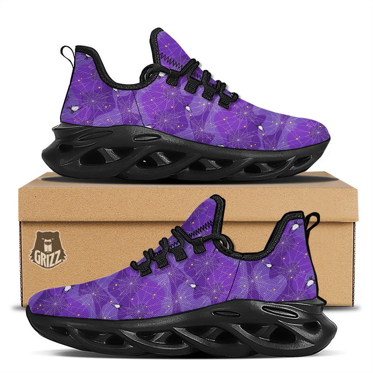 Spider Web Purple Print Pattern Black Running Shoes-grizzshop