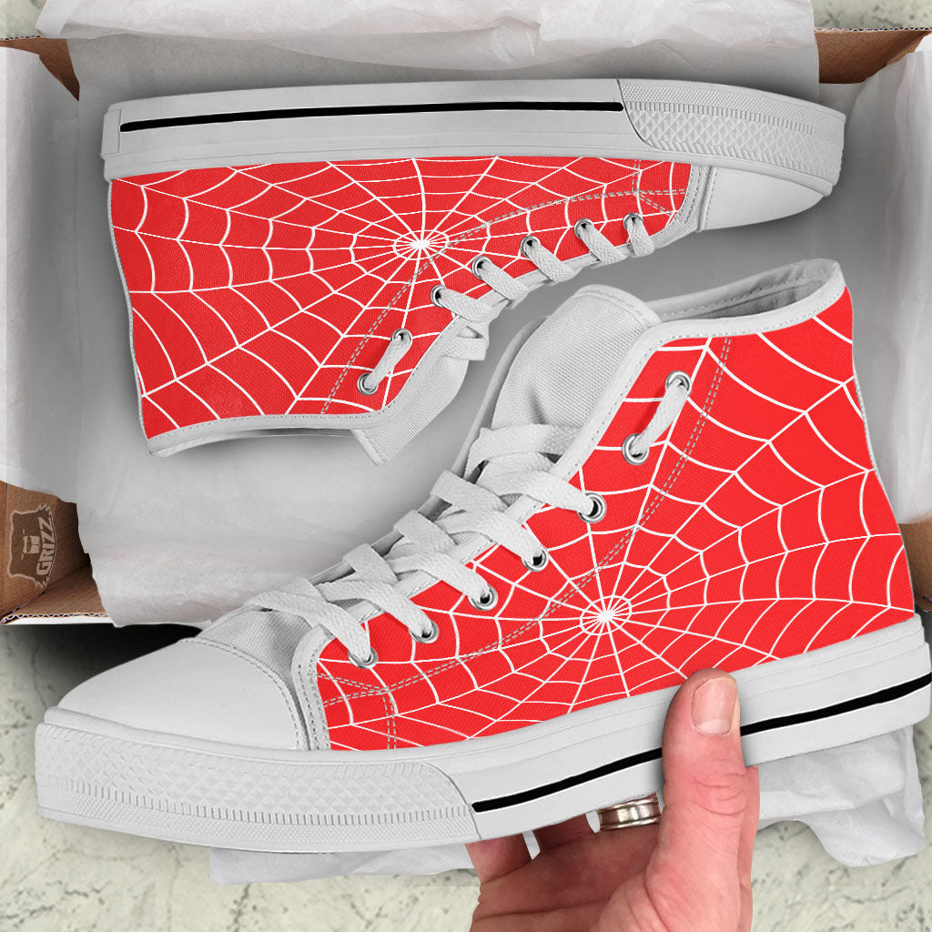 Spider Web Red Print White High Top Shoes-grizzshop
