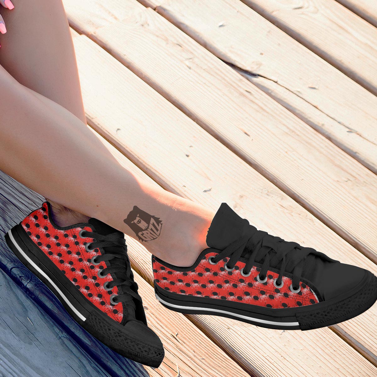 Spider Web White And Red Print Pattern Black Low Top Shoes-grizzshop