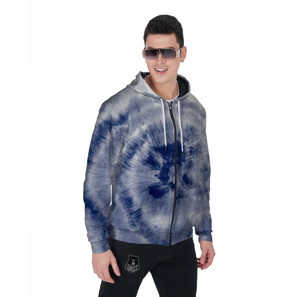 Spiral Blue Swirl Tie Die Men's Zip Up Hoodie-grizzshop