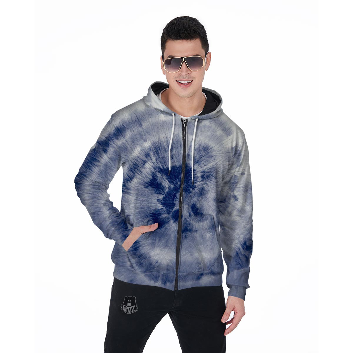 Spiral Blue Swirl Tie Die Men's Zip Up Hoodie-grizzshop