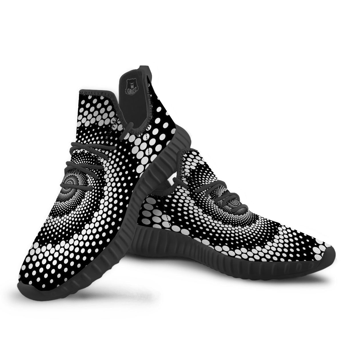Spiral Dot White And Black Print Black Walking Shoes-grizzshop
