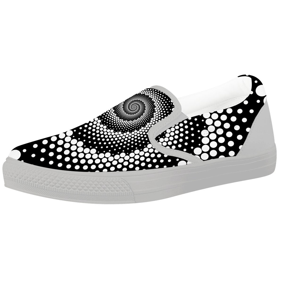 Spiral Dot White And Black Print White Slip On Shoes-grizzshop