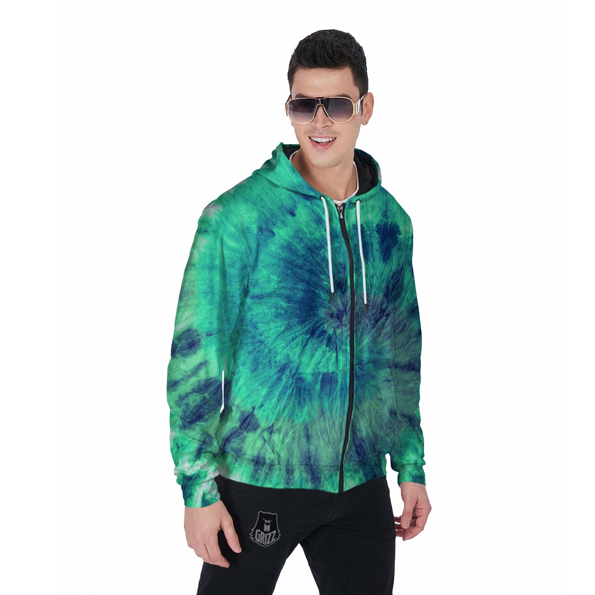 Spiral Green Tie Dye Men's Zip Up Hoodie-grizzshop
