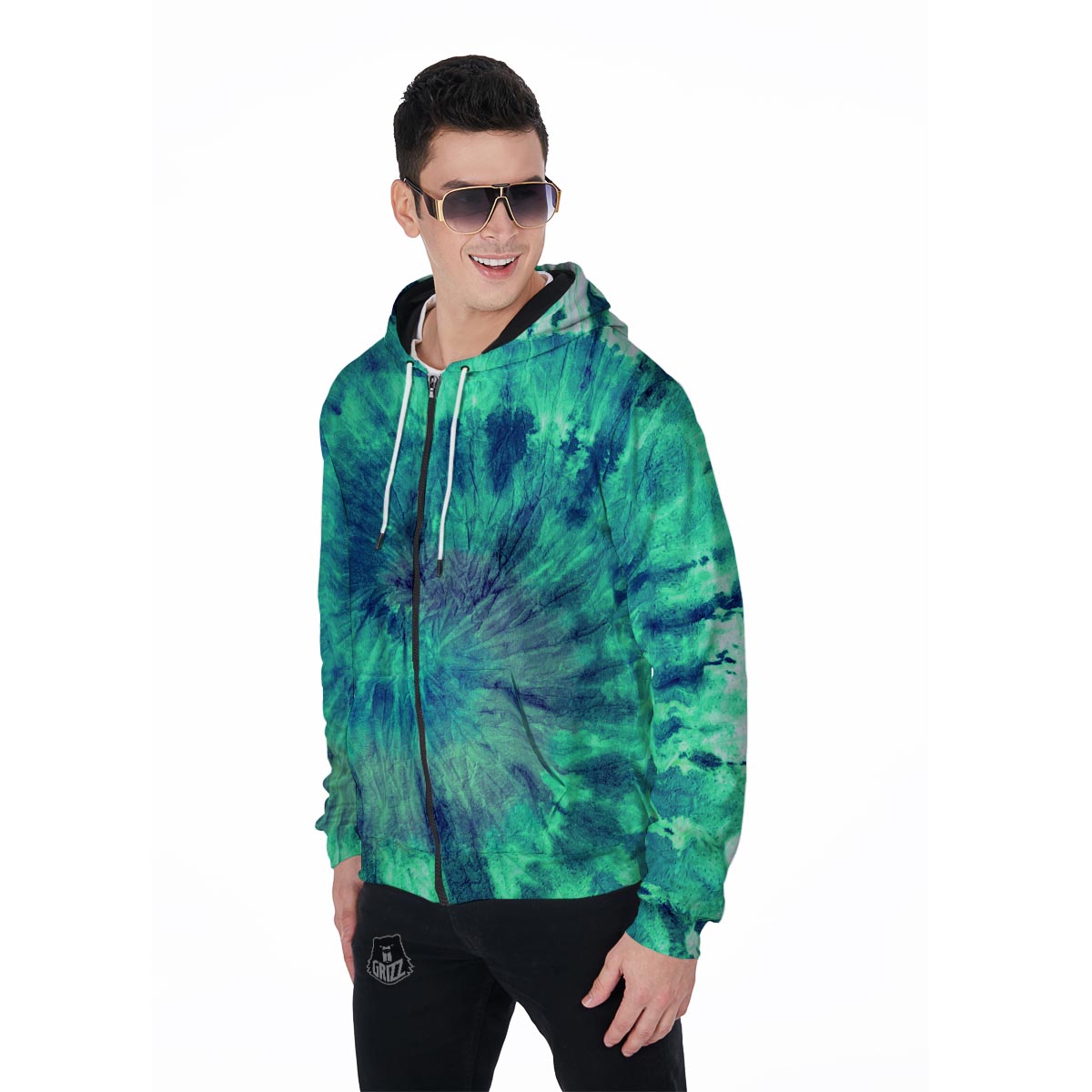 Spiral Green Tie Dye Men's Zip Up Hoodie-grizzshop
