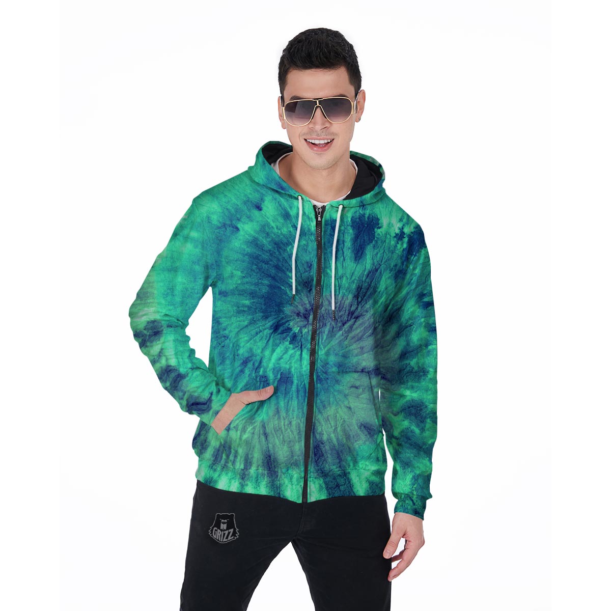 Spiral Green Tie Dye Men's Zip Up Hoodie-grizzshop