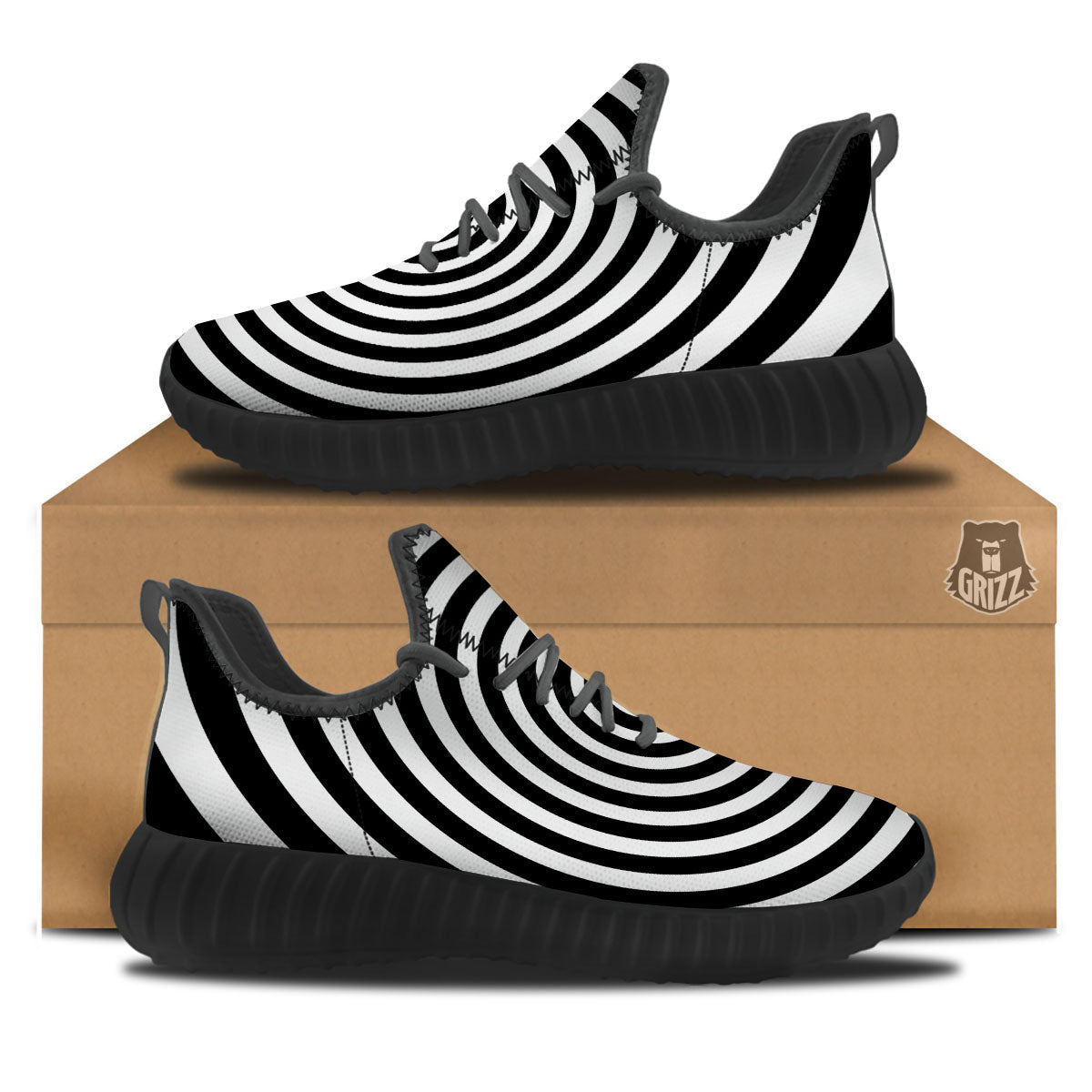 Spiral Illusion White And Black Print Black Walking Shoes-grizzshop