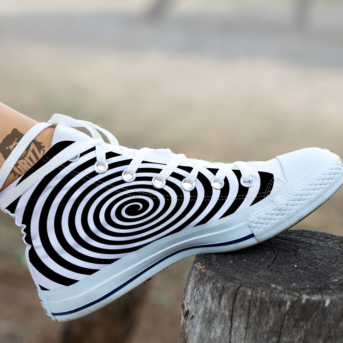 Spiral Illusion White And Black Print White High Top Shoes-grizzshop