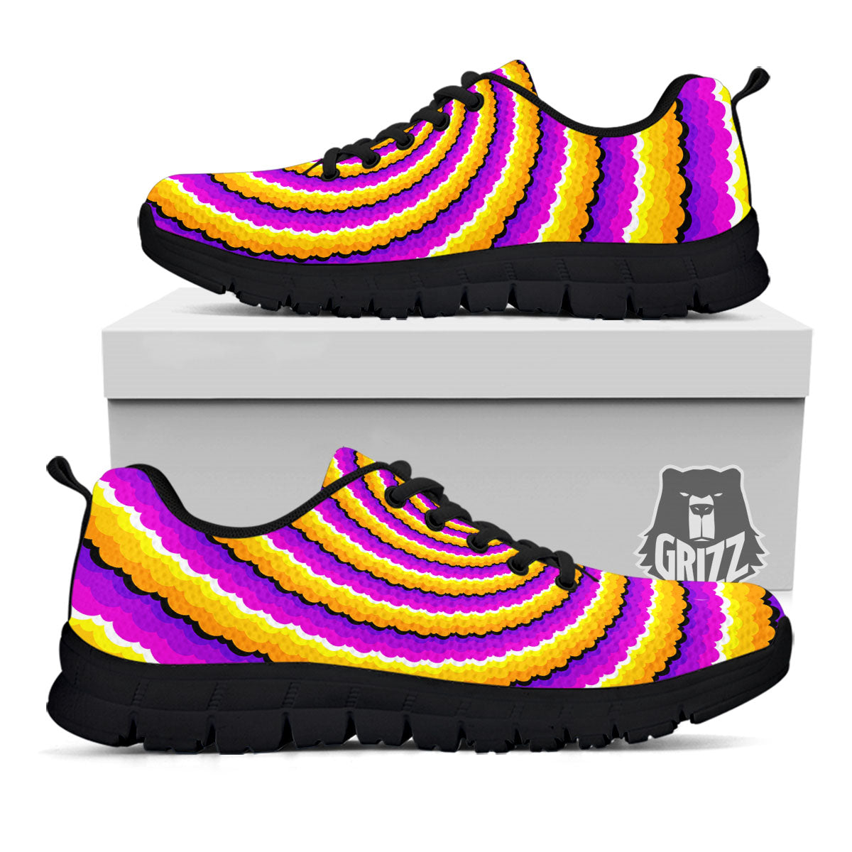 Spiral Illusion Yellow And Purple Print Black Sneaker-grizzshop