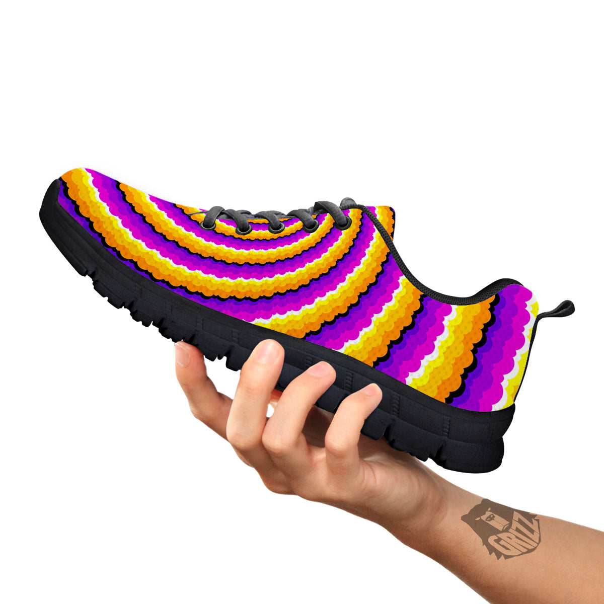 Spiral Illusion Yellow And Purple Print Black Sneaker-grizzshop