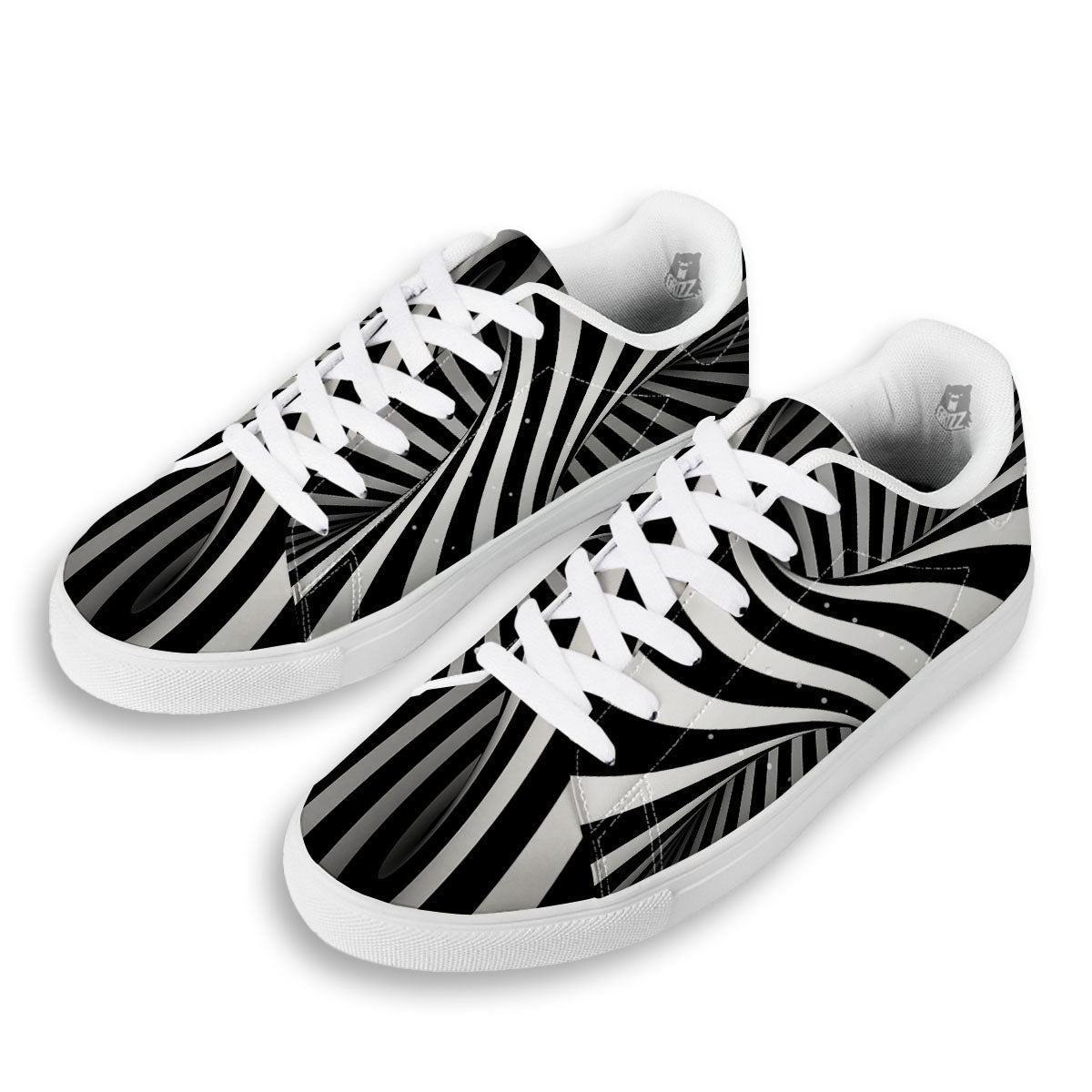 Spiral Twist Illusion White And Black Print White Low Top Sneakers-grizzshop