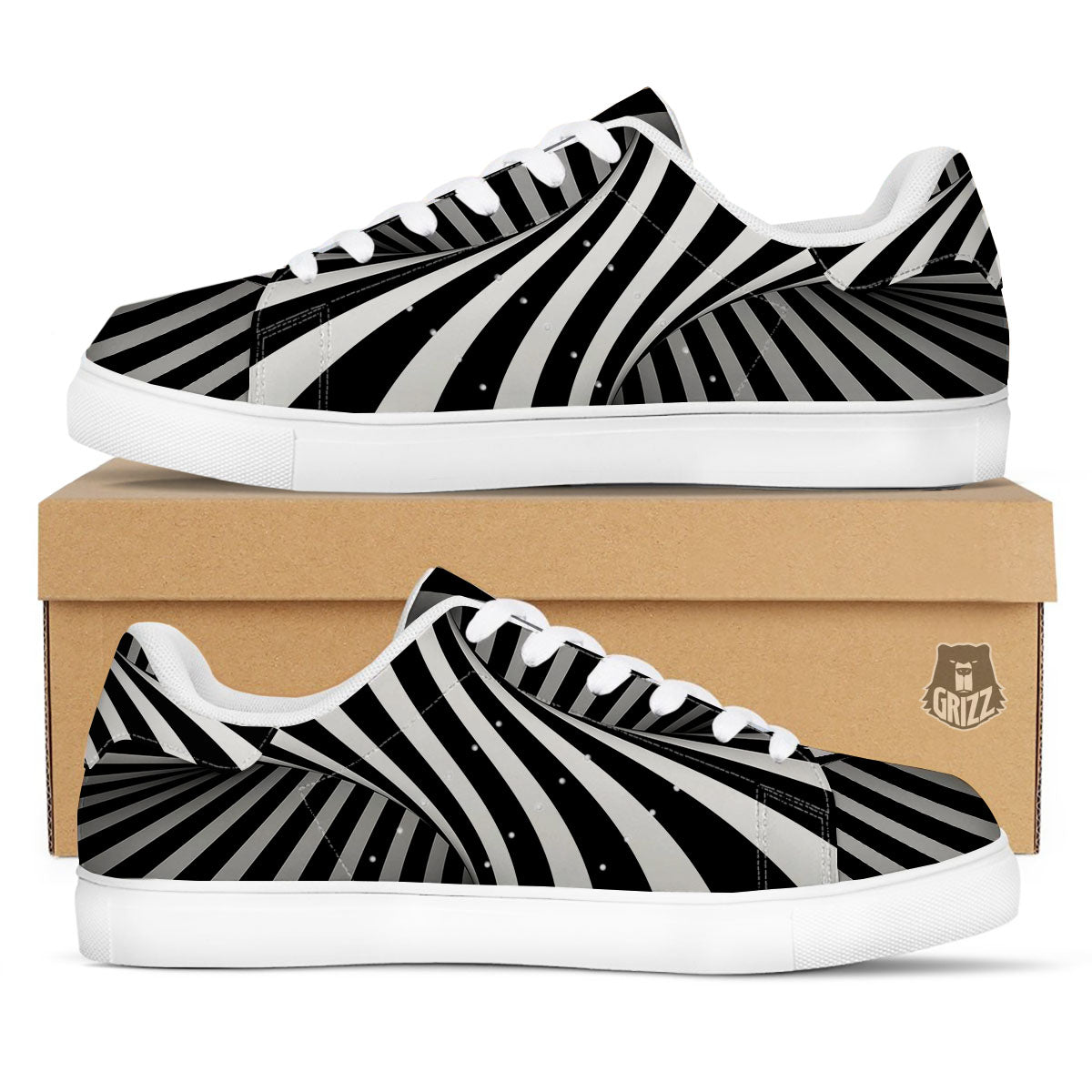 Spiral Twist Illusion White And Black Print White Low Top Sneakers-grizzshop