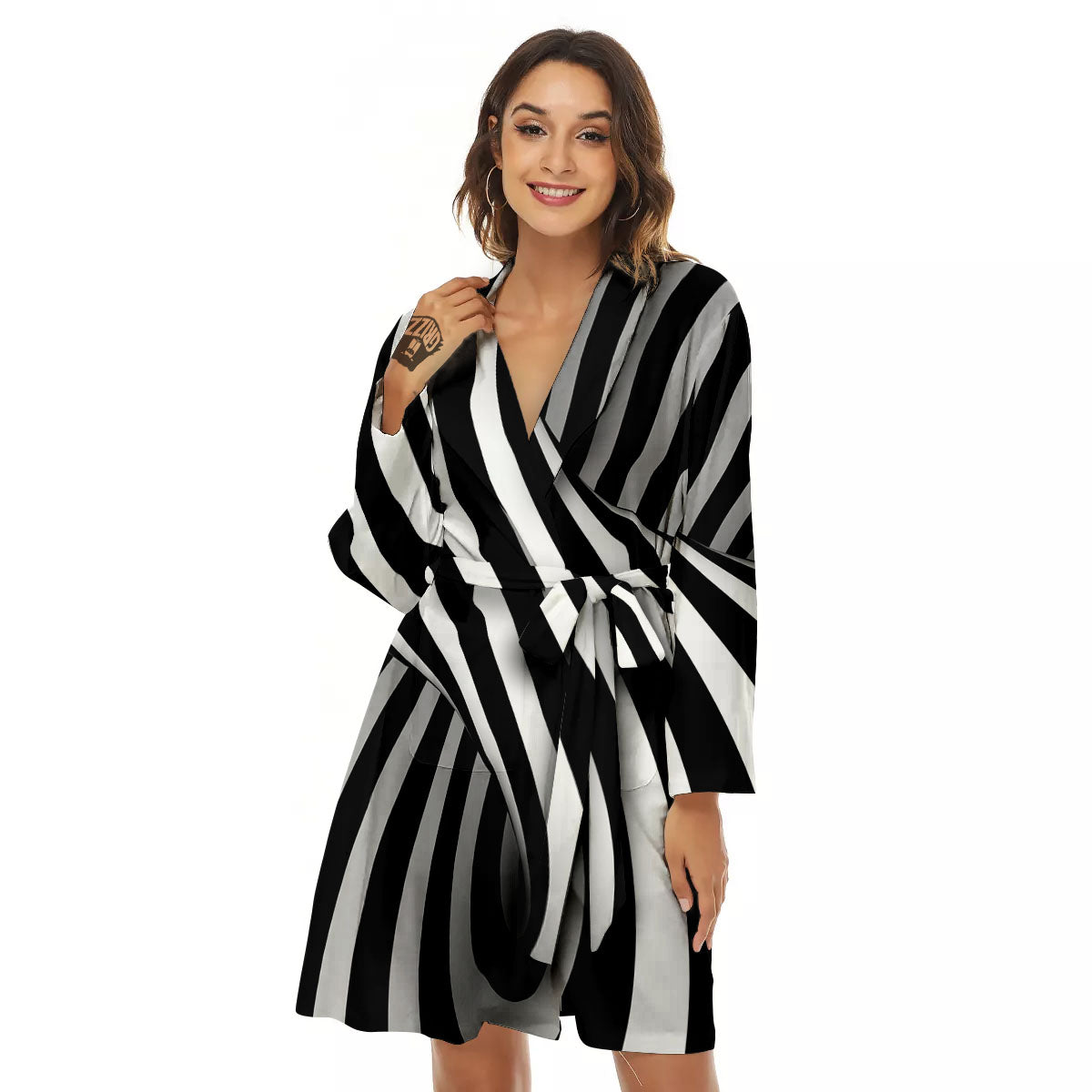 Spiral Twist Illusion White And Black Print Women's Robe-grizzshop