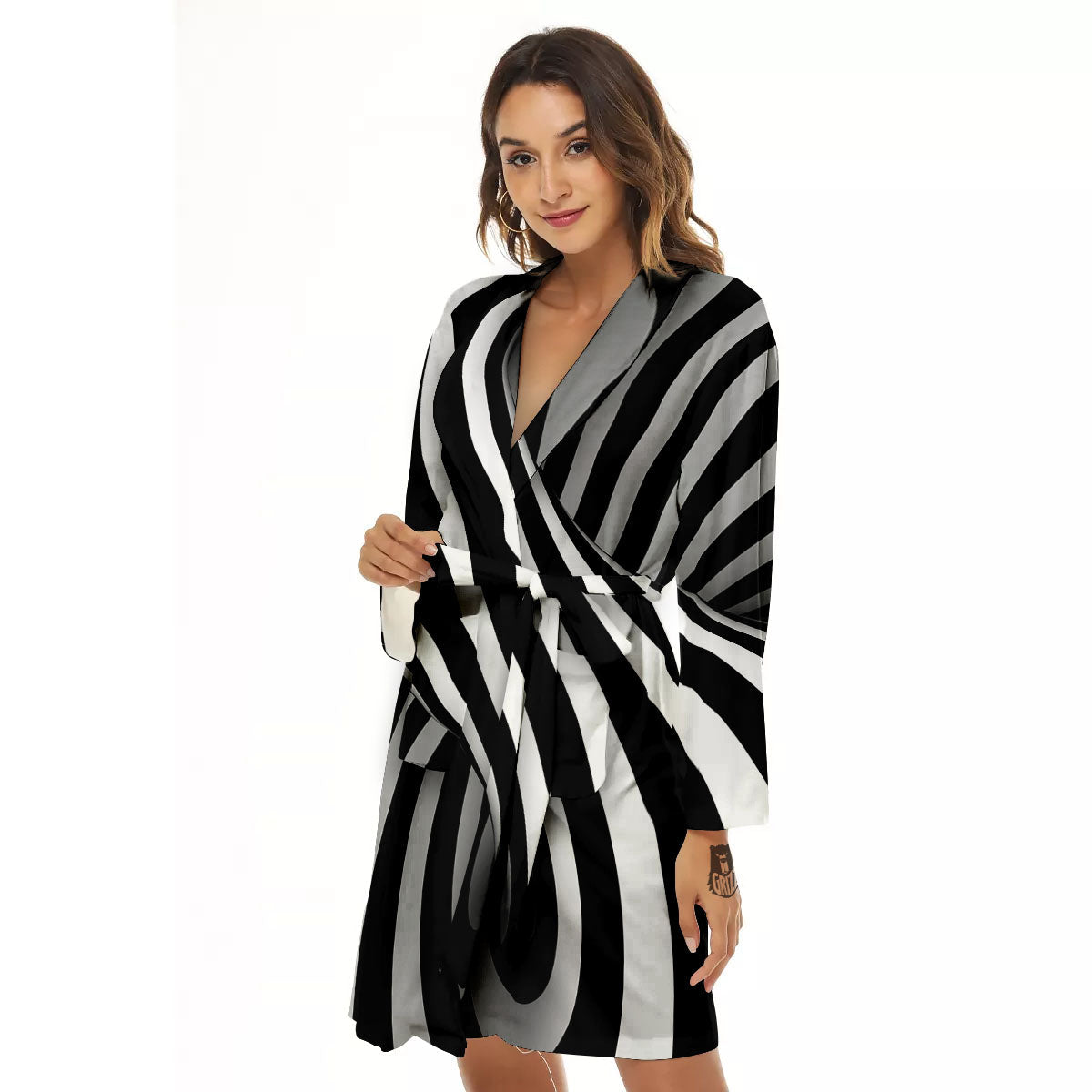 Spiral Twist Illusion White And Black Print Women's Robe-grizzshop
