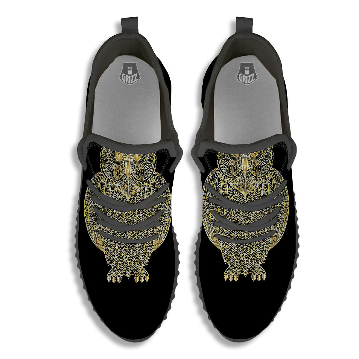 Spirit Owl Gold Print Black Walking Shoes-grizzshop