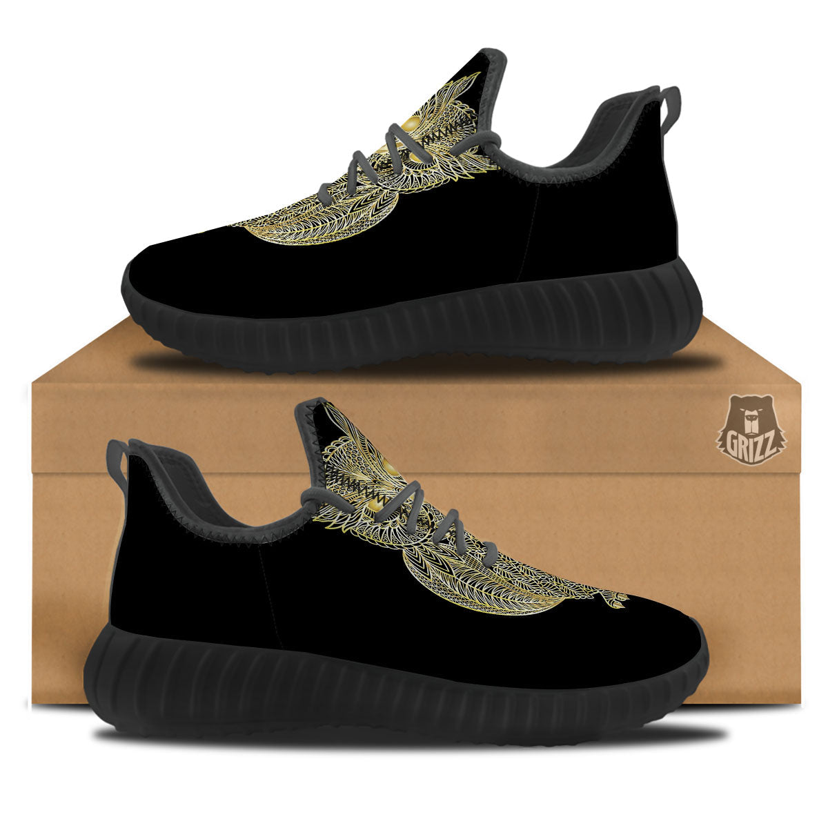 Spirit Owl Gold Print Black Walking Shoes-grizzshop