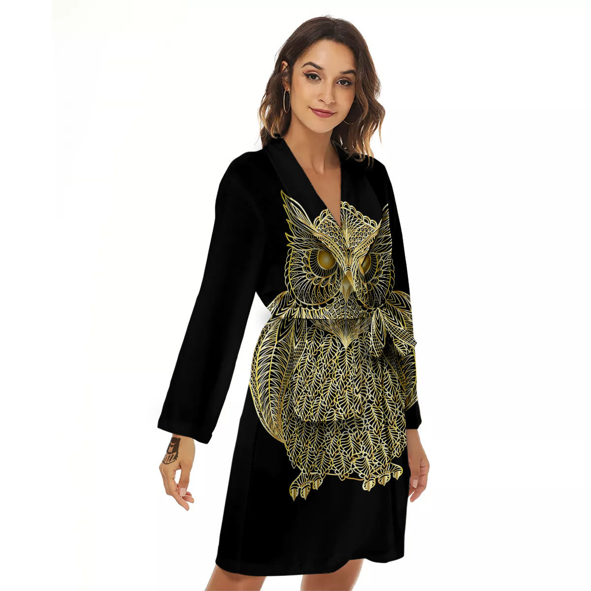 Spirit Owl Gold Print Women's Robe-grizzshop