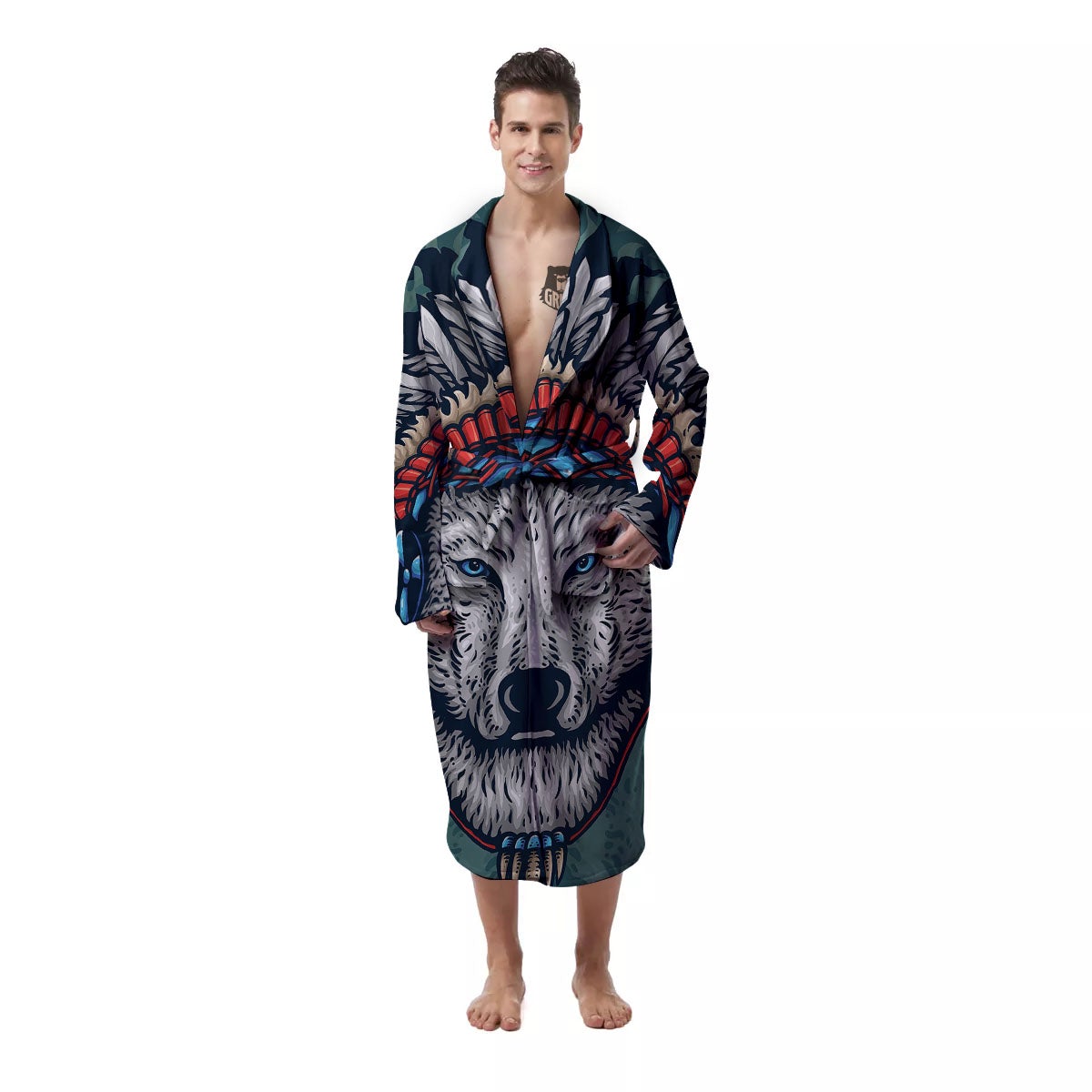 Spirit Animal Native American Wolf Print Men's Robe-grizzshop