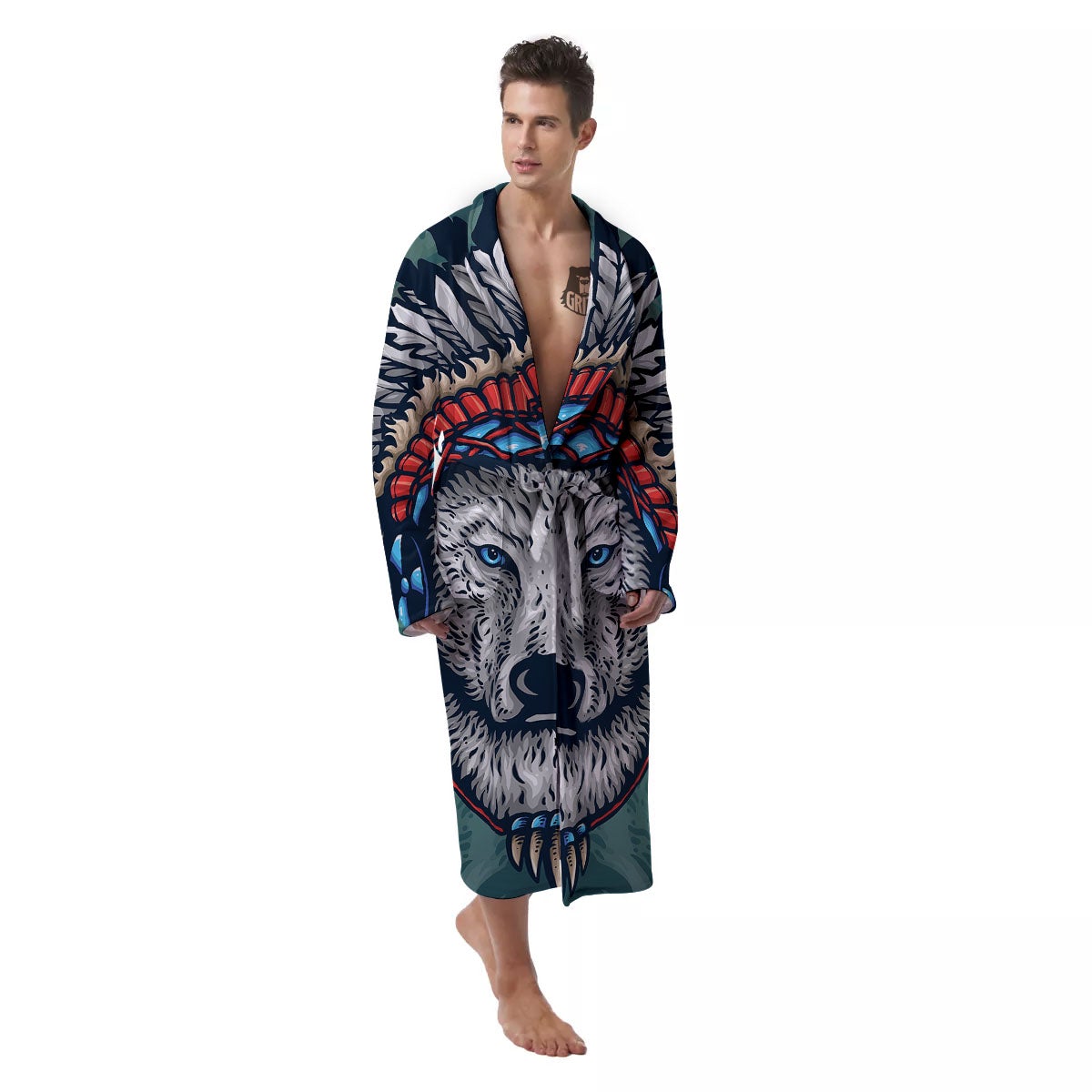 Spirit Animal Native American Wolf Print Men's Robe-grizzshop