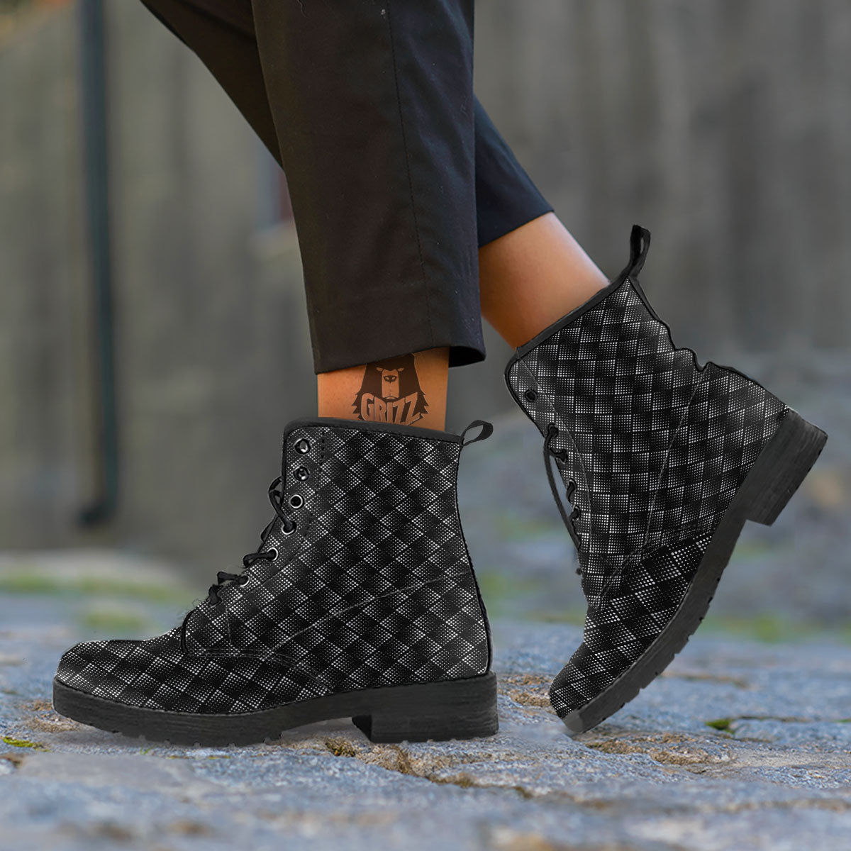 Square Dot Geometric Print Pattern Leather Boots-grizzshop