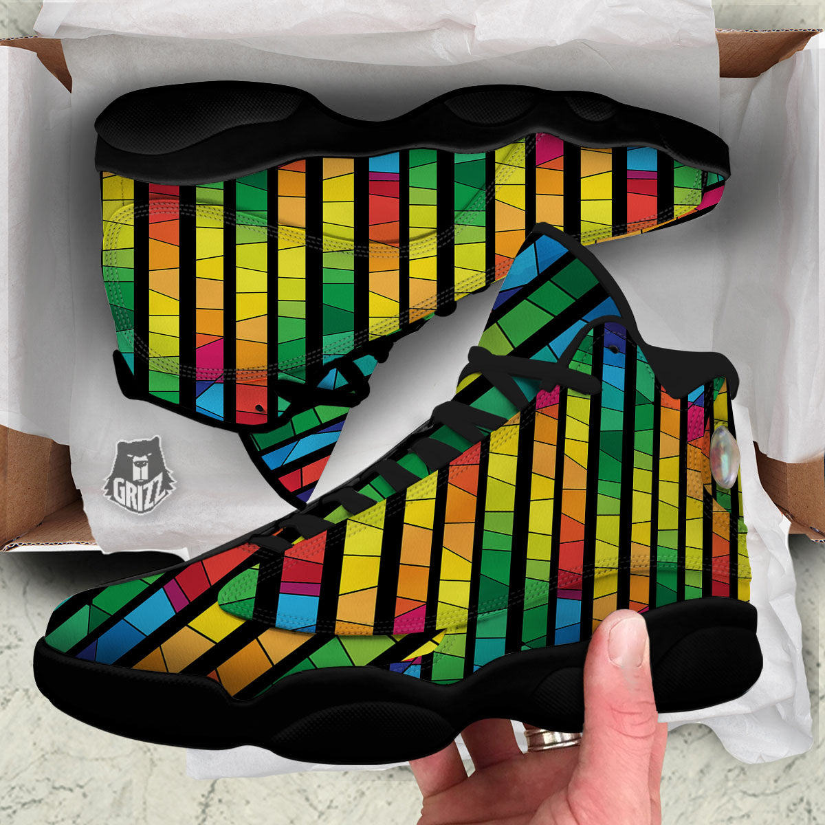Square Stained Glass Mosaic Print Black Basketball Shoes-grizzshop