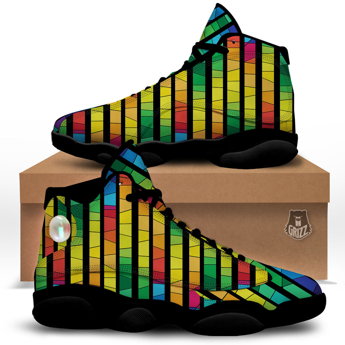 Square Stained Glass Mosaic Print Black Basketball Shoes-grizzshop
