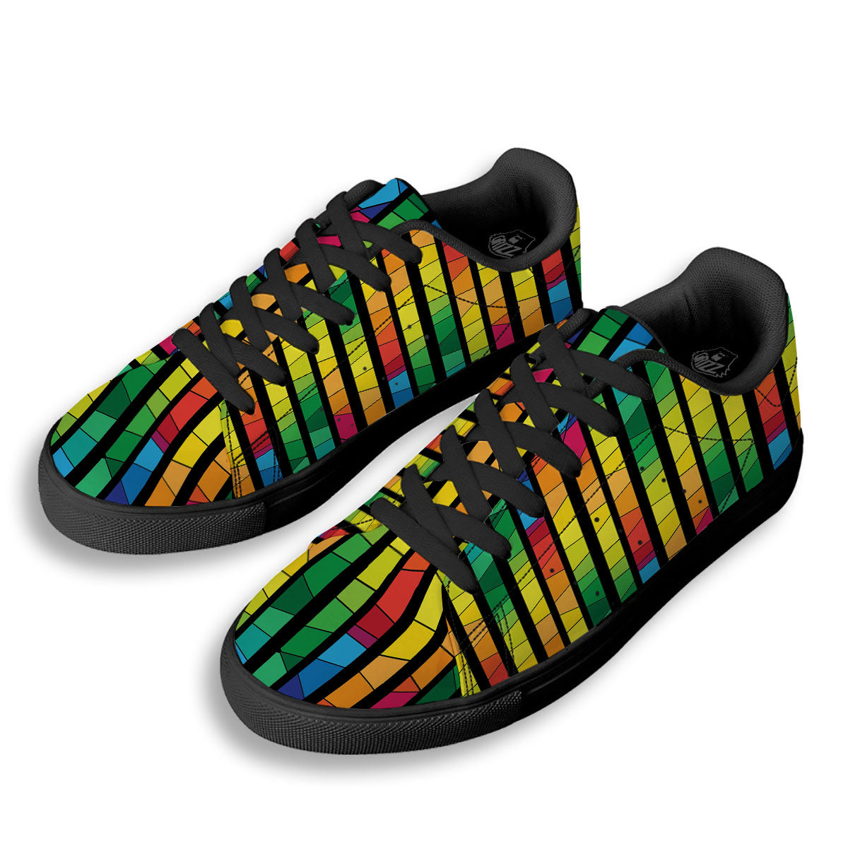 Square Stained Glass Mosaic Print Black Low Top Sneakers-grizzshop