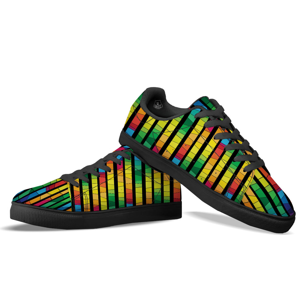 Square Stained Glass Mosaic Print Black Low Top Sneakers-grizzshop