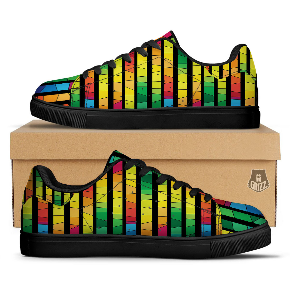 Square Stained Glass Mosaic Print Black Low Top Sneakers-grizzshop
