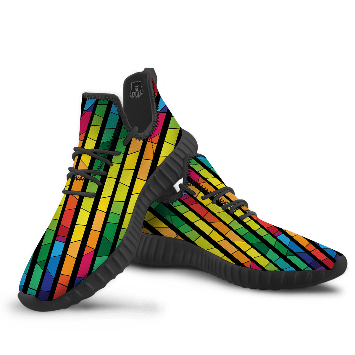 Square Stained Glass Mosaic Print Black Walking Shoes-grizzshop
