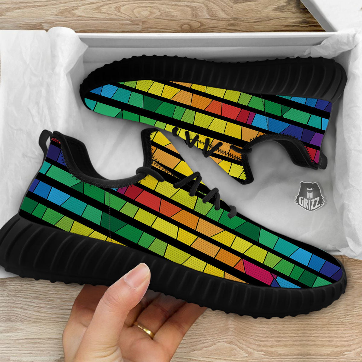 Square Stained Glass Mosaic Print Black Walking Shoes-grizzshop