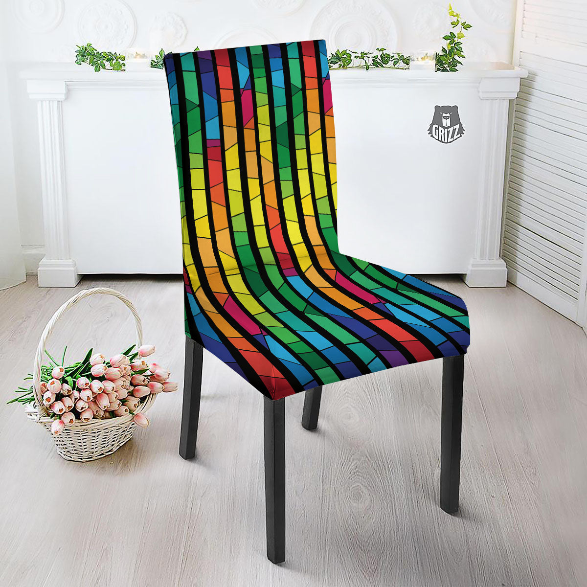 Square Stained Glass Mosaic Print Dining Chair Slipcover-grizzshop