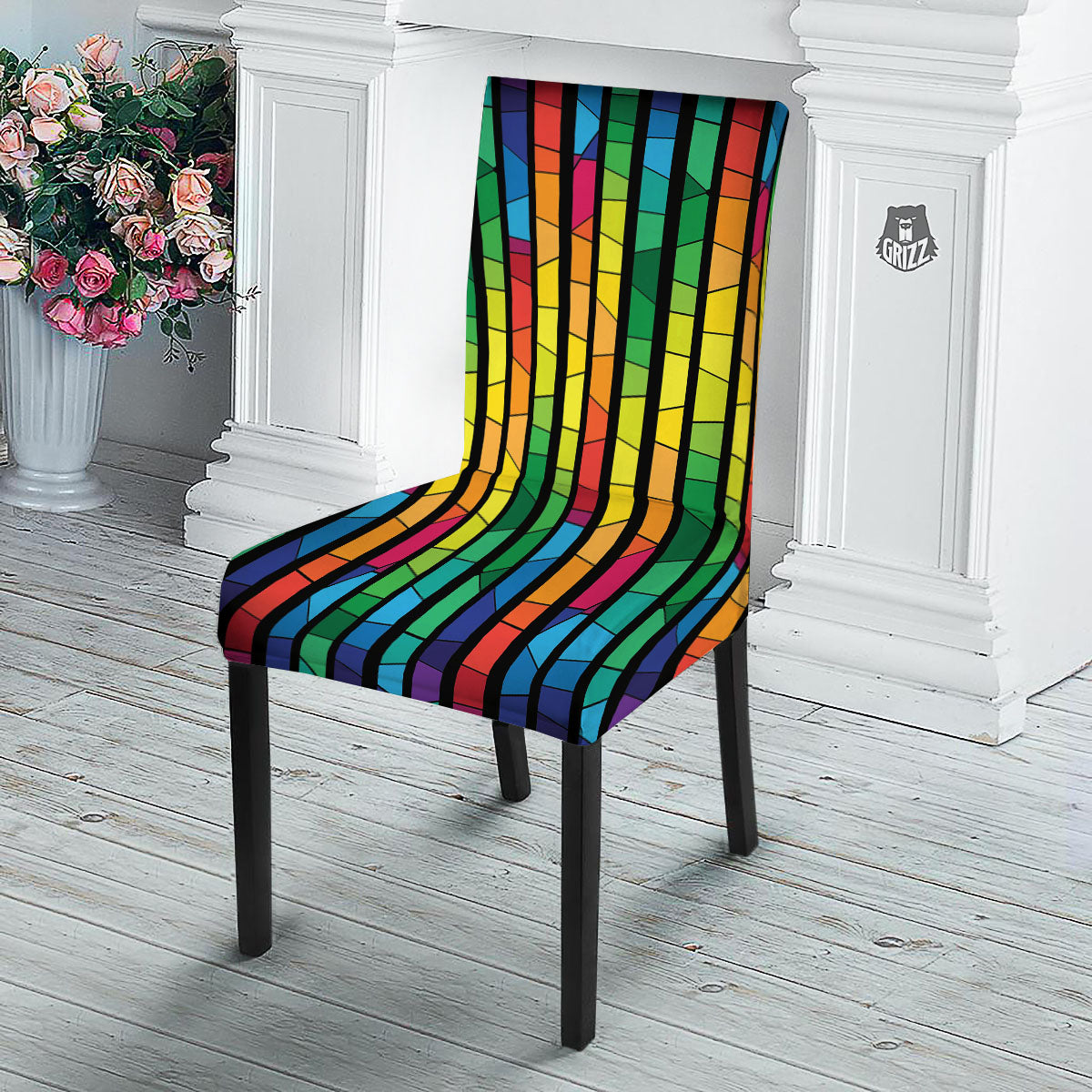 Square Stained Glass Mosaic Print Dining Chair Slipcover-grizzshop