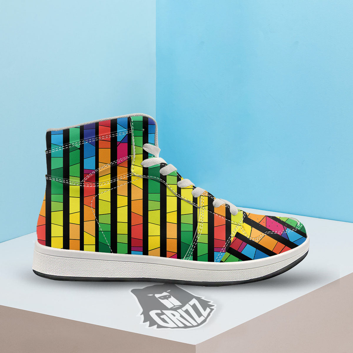 Square Stained Glass Mosaic Print High Top Sneakers-grizzshop