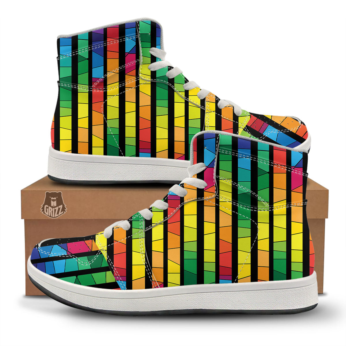 Square Stained Glass Mosaic Print High Top Sneakers-grizzshop