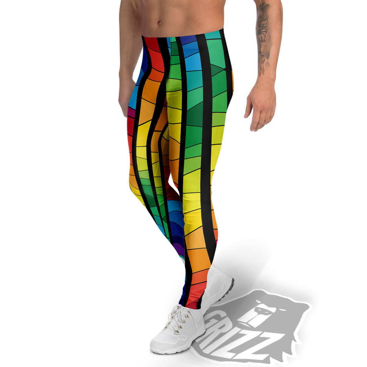 Square Stained Glass Mosaic Print Men's Leggings-grizzshop