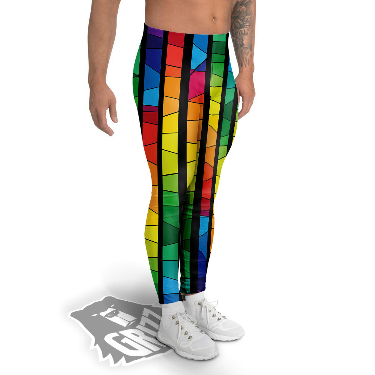 Square Stained Glass Mosaic Print Men's Leggings-grizzshop
