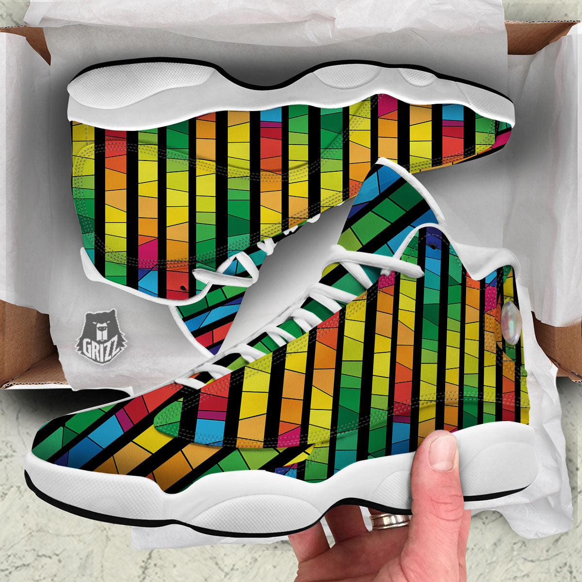 Square Stained Glass Mosaic Print White Basketball Shoes-grizzshop