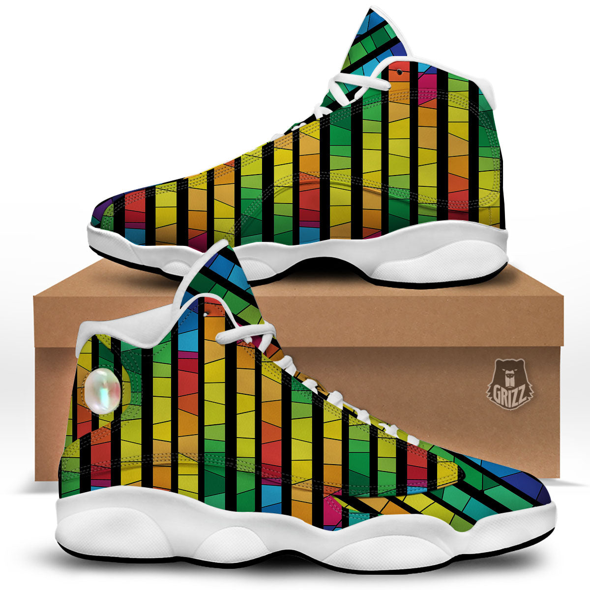 Square Stained Glass Mosaic Print White Basketball Shoes-grizzshop