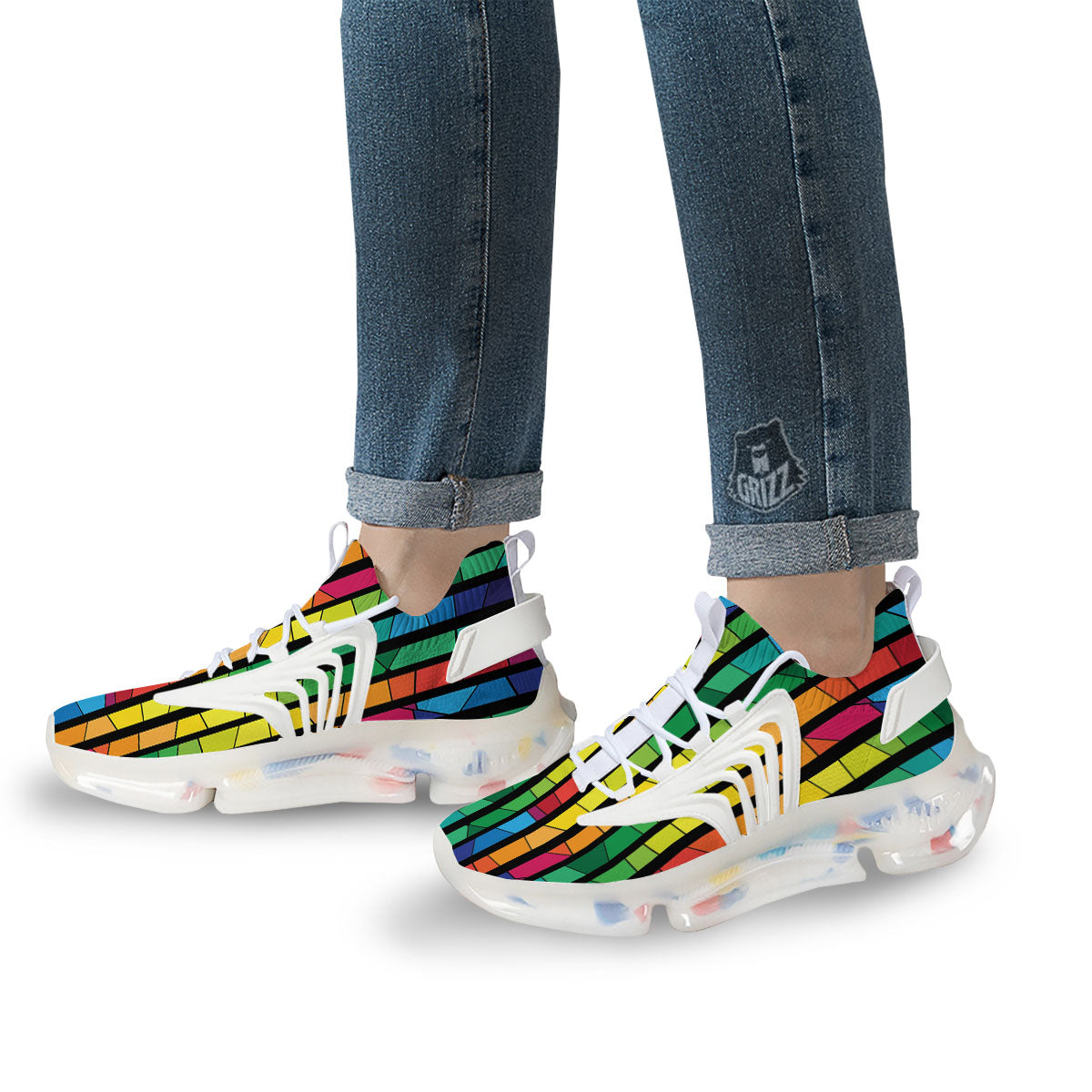 Square Stained Glass Mosaic Print White Gym Shoes-grizzshop
