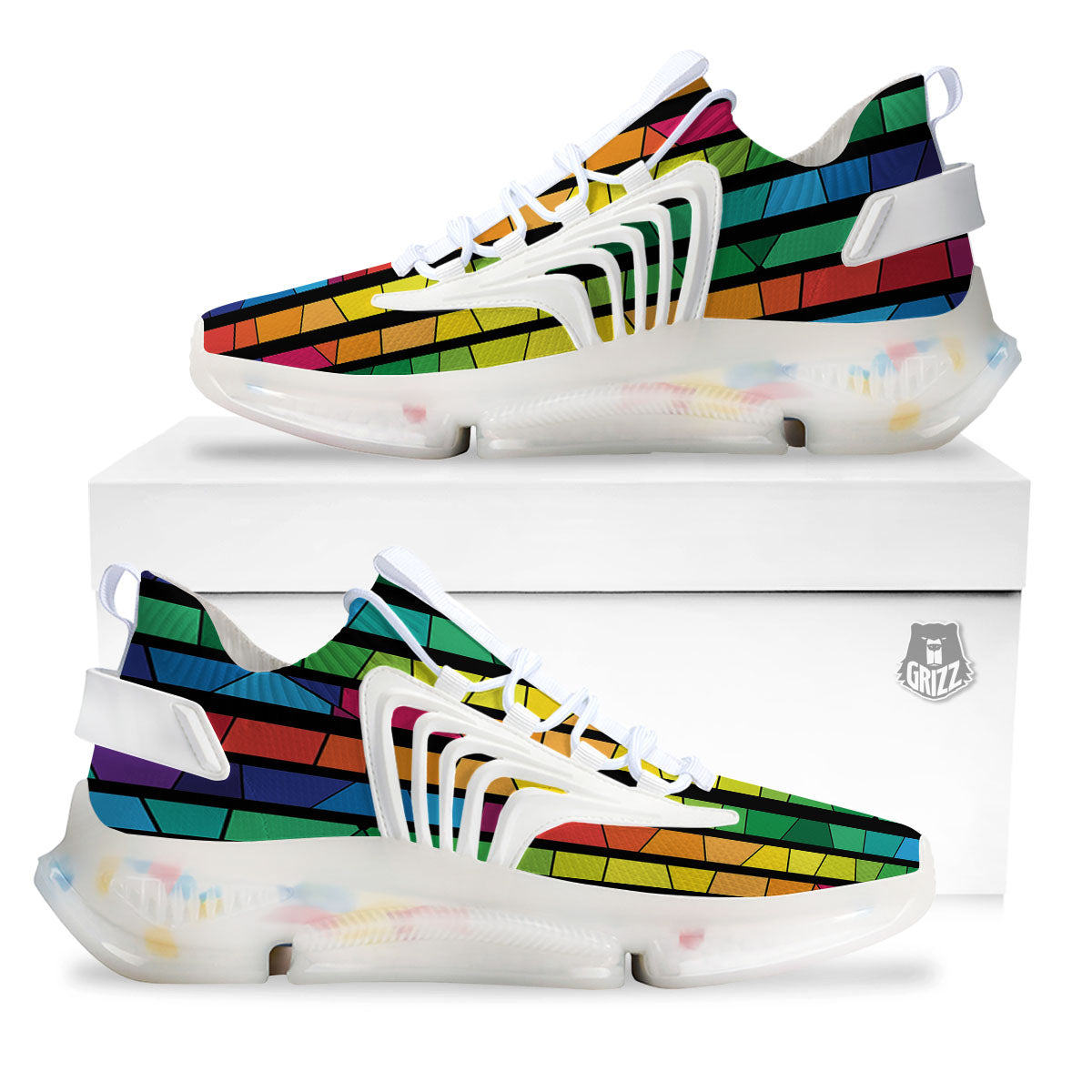 Square Stained Glass Mosaic Print White Gym Shoes-grizzshop