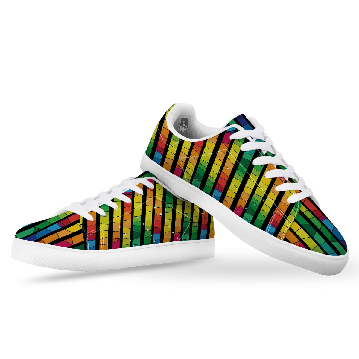 Square Stained Glass Mosaic Print White Low Top Sneakers-grizzshop