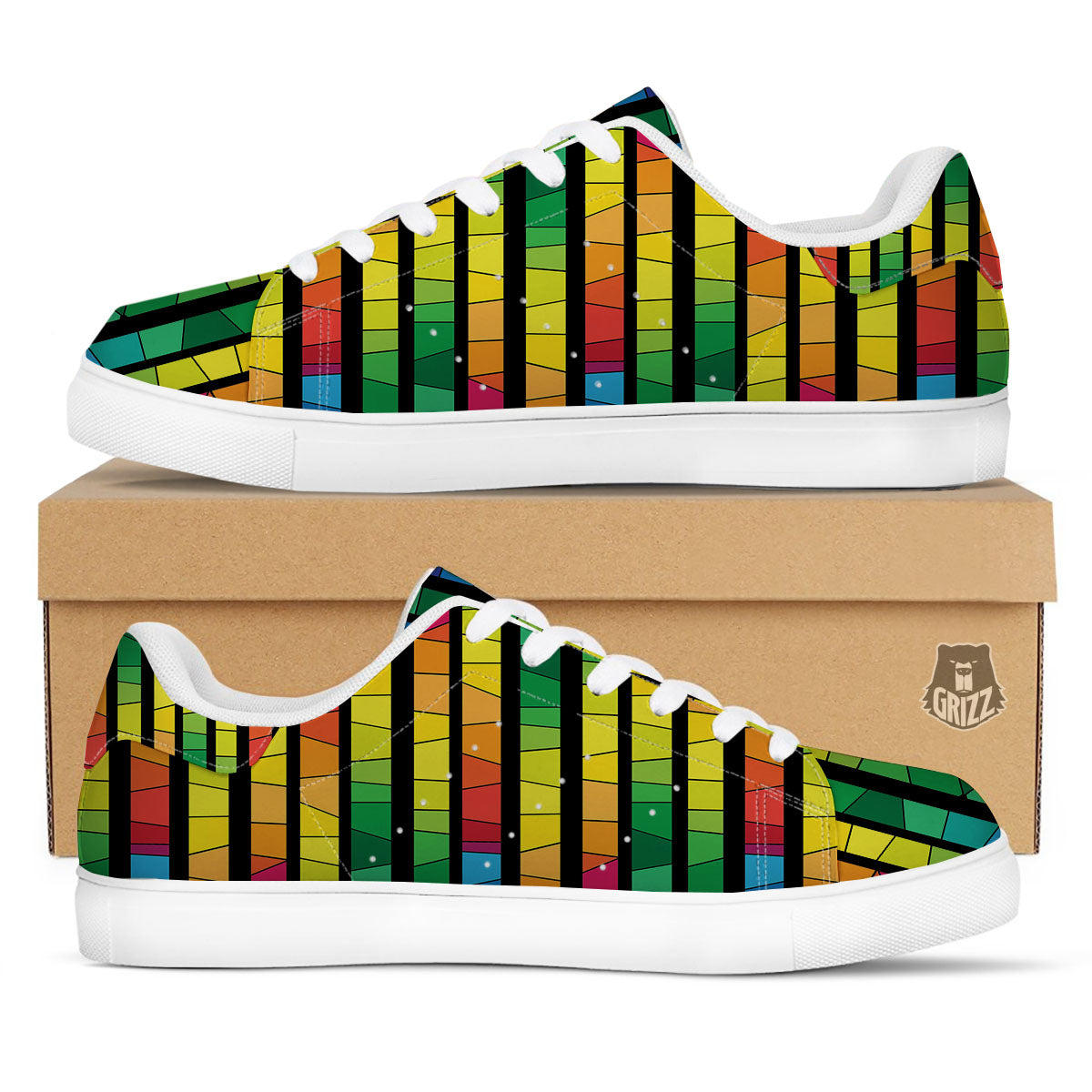 Square Stained Glass Mosaic Print White Low Top Sneakers-grizzshop