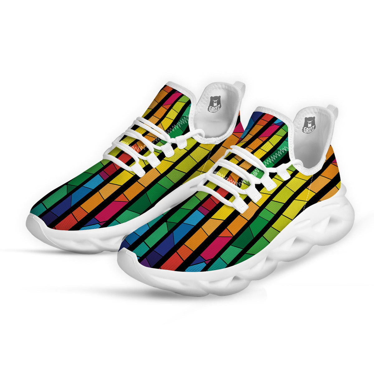 Square Stained Glass Mosaic Print White Running Shoes-grizzshop